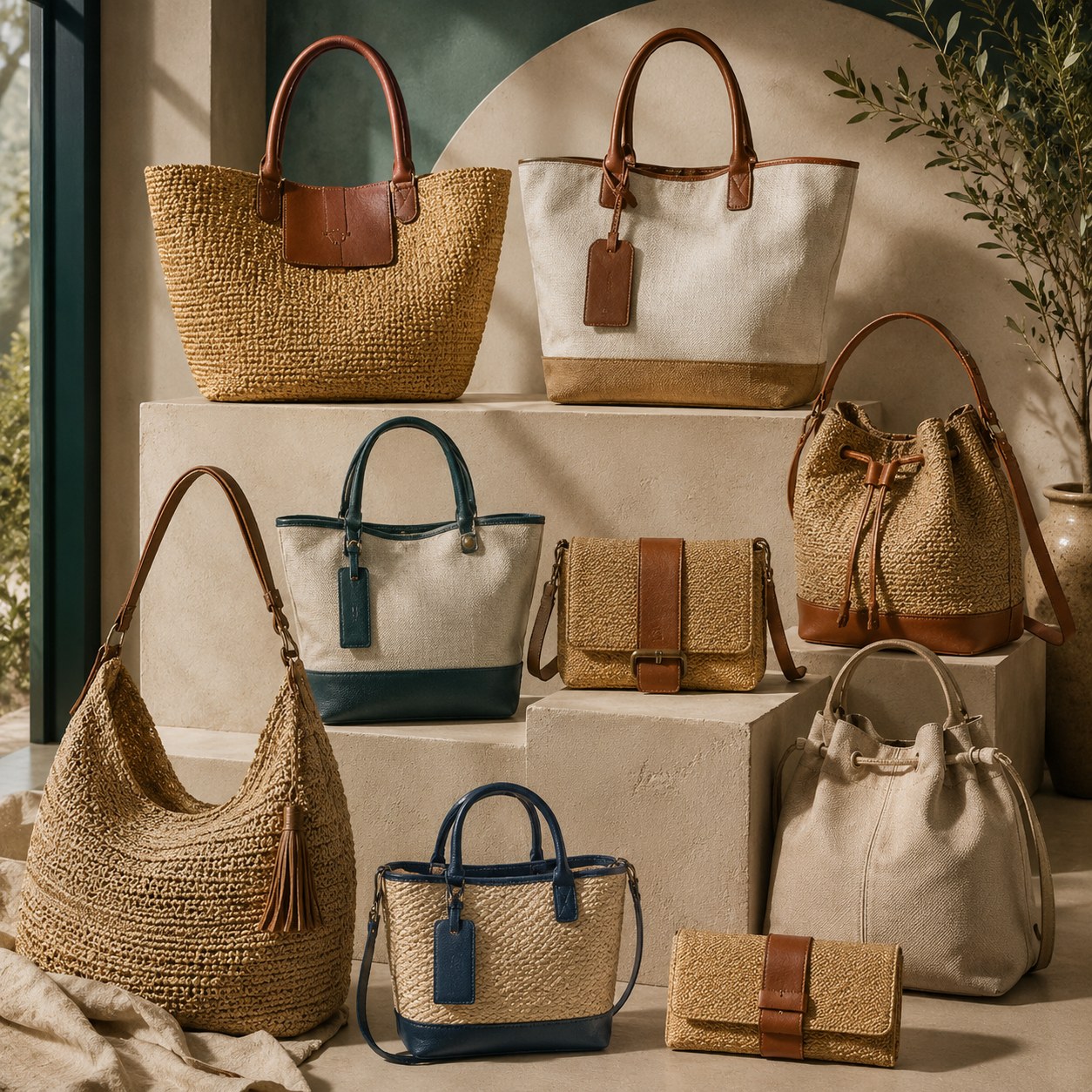 Italian fabric, canvas, straw and raffia handbags with leather trims