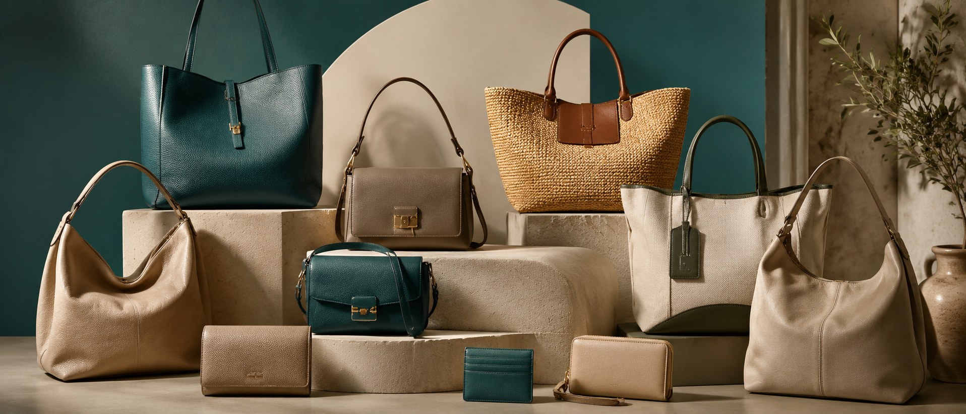 Curated selection of Italian leather, canvas, straw and raffia handbags with wallets and card holders