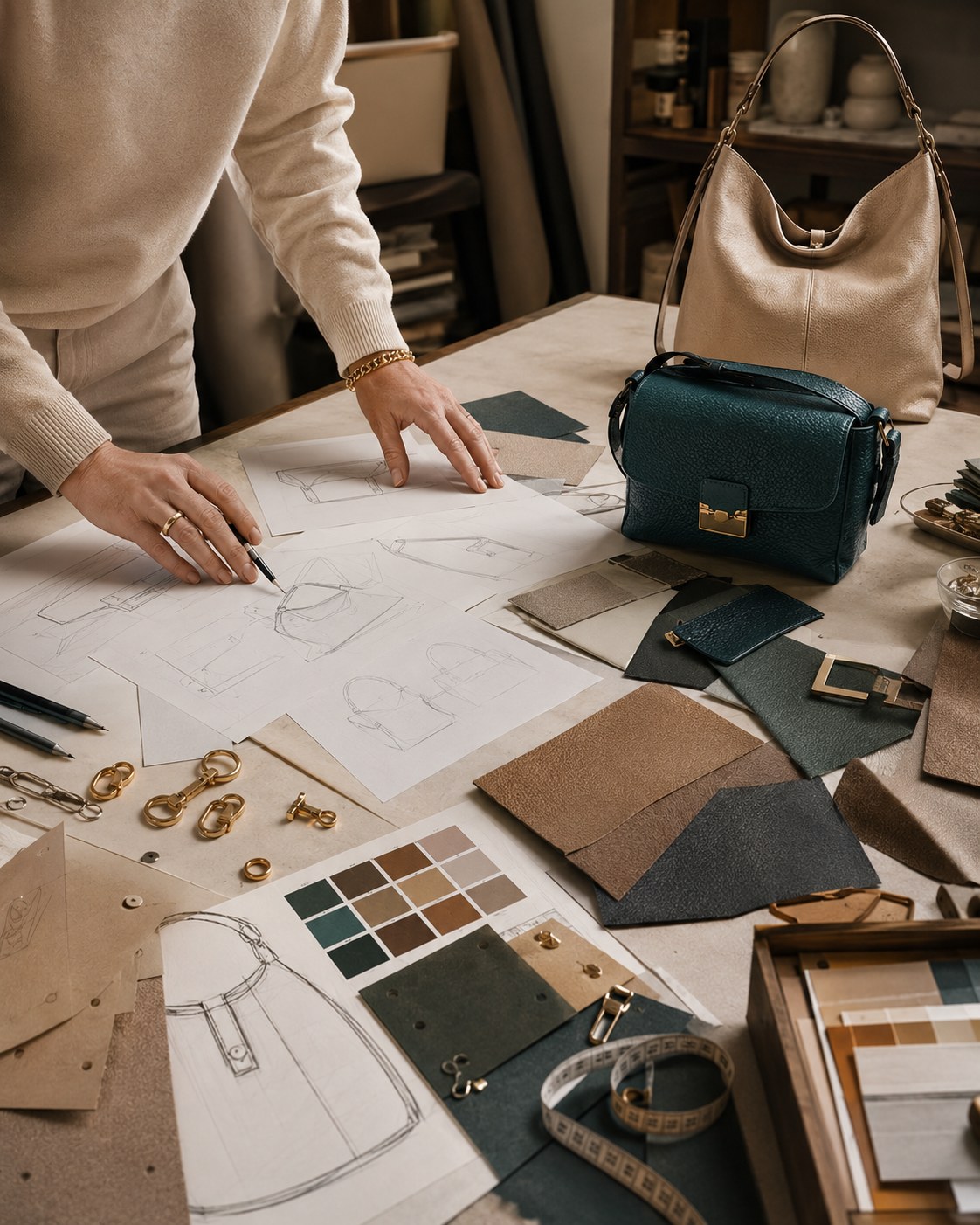 Private label handbag development with sketches, leather swatches, hardware and Italian prototypes